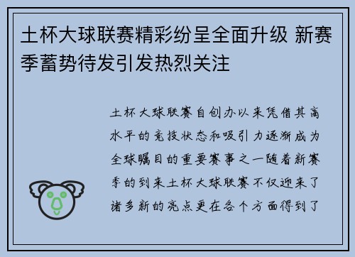 土杯大球联赛精彩纷呈全面升级 新赛季蓄势待发引发热烈关注