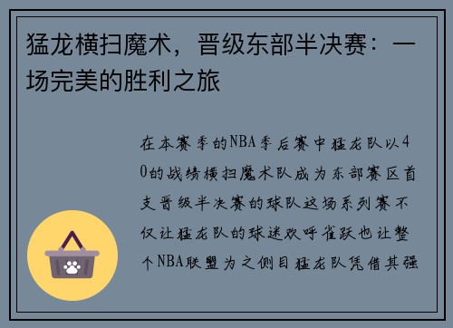 猛龙横扫魔术，晋级东部半决赛：一场完美的胜利之旅