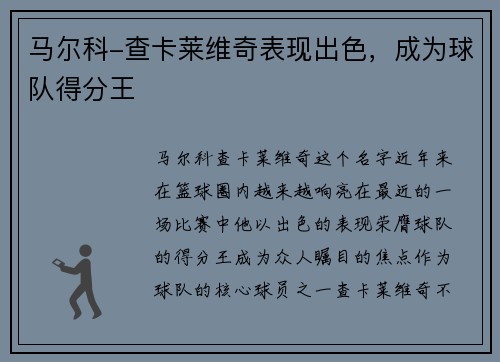 马尔科-查卡莱维奇表现出色，成为球队得分王