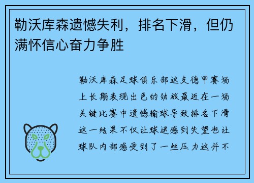 勒沃库森遗憾失利，排名下滑，但仍满怀信心奋力争胜
